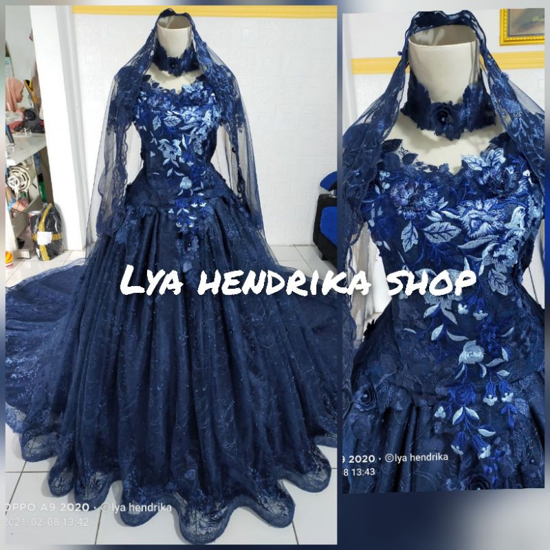 Gaun pengantin ekor tile akar mutiara+kerudung+sayap