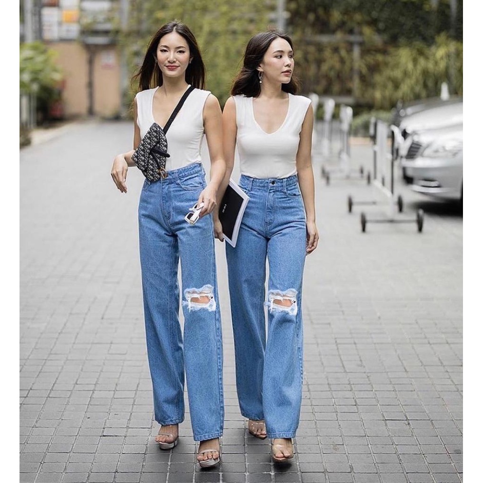 HOPYLOVY Celana Panjang Kulot Jeans Highwaist Sobek Long BF Ishika Loose Jeans