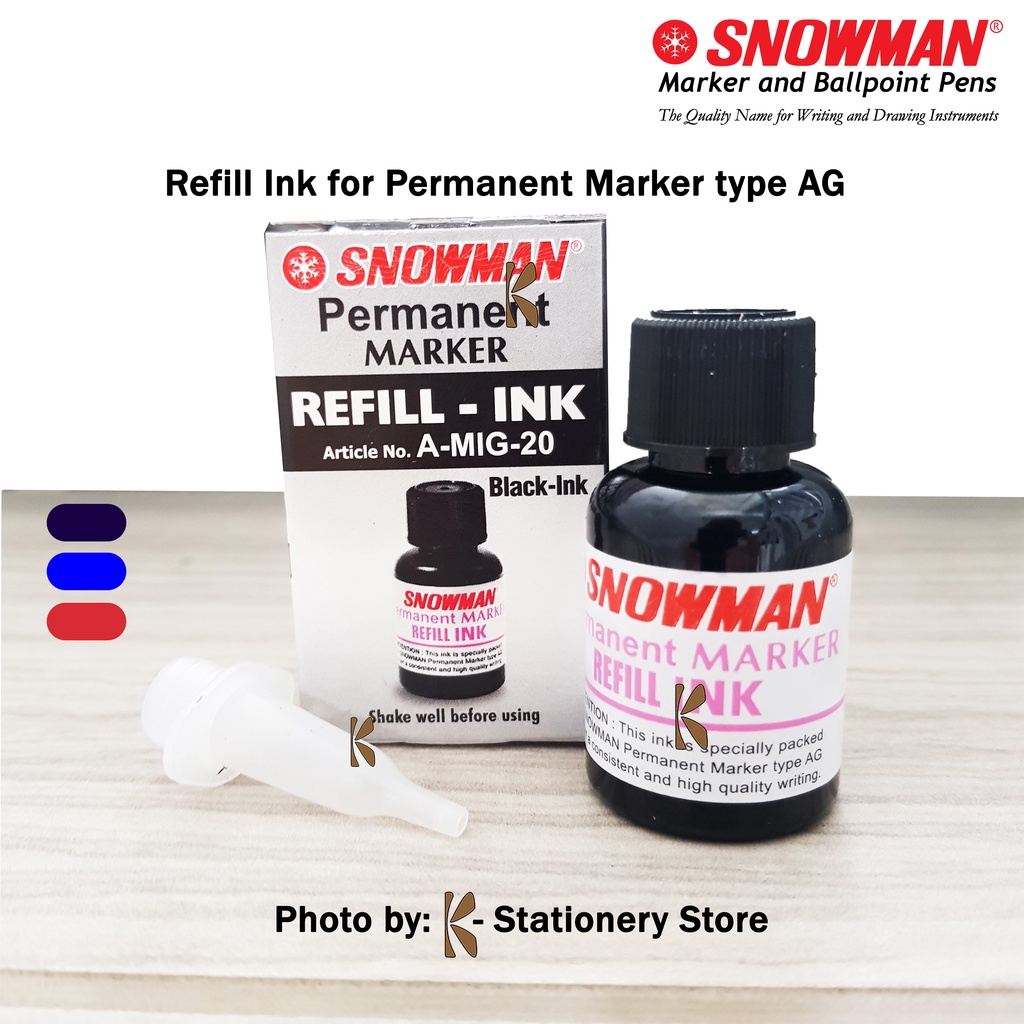 

Tinta Isi Ulang Spidol Permanent Snowman A-MIG-20 – Original Refill Ink – Hitam / Biru / Merah