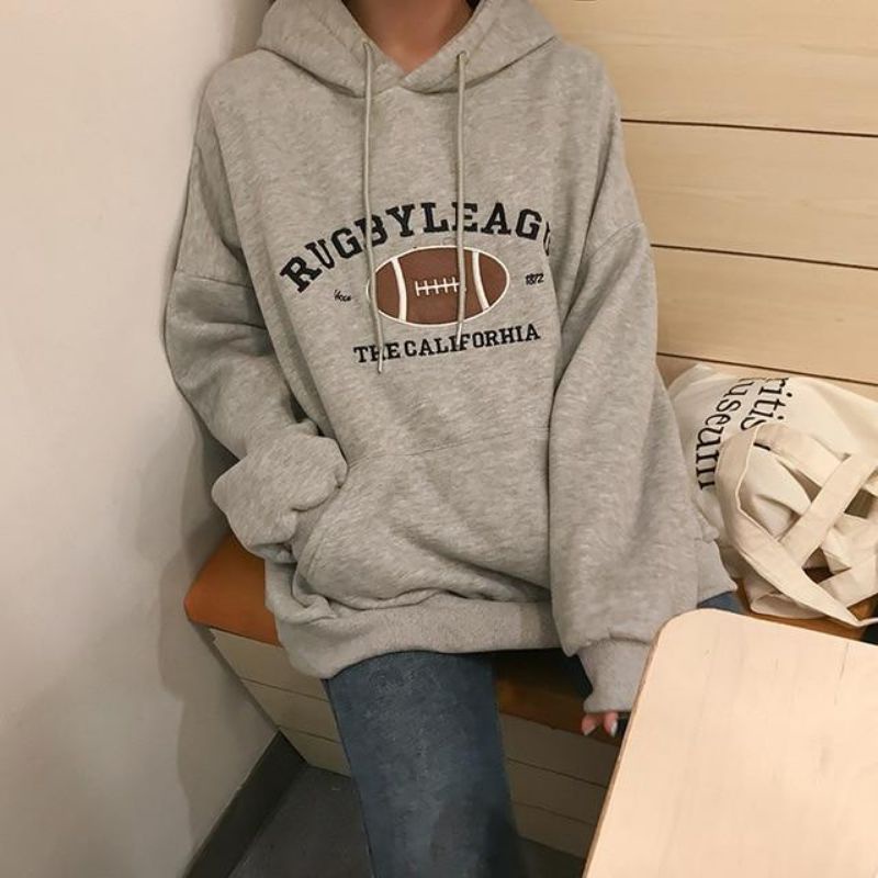 Jaket Hoodie sweater oversize pakaian pria wanita Outerwear Korean Style RUGBYLEAGUE bahan Fleece