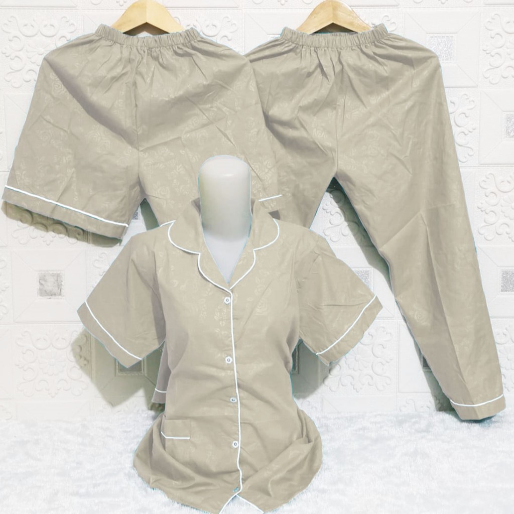 ISANNY PIYAMA SET 3IN1 SIZE.XL/PIYAMA SATIN EMBOS 3 IN 1/WARNA TERBANYAK/READY STOK/REAL PICT-CREM