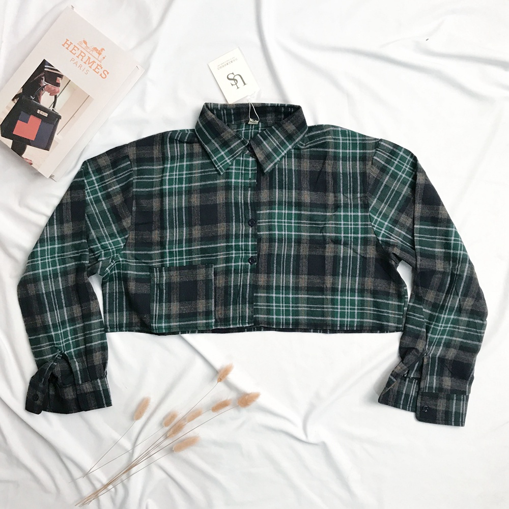 kemeja kotak-kotak pendek wanita jaket korea style kemeja lengan panjang retro