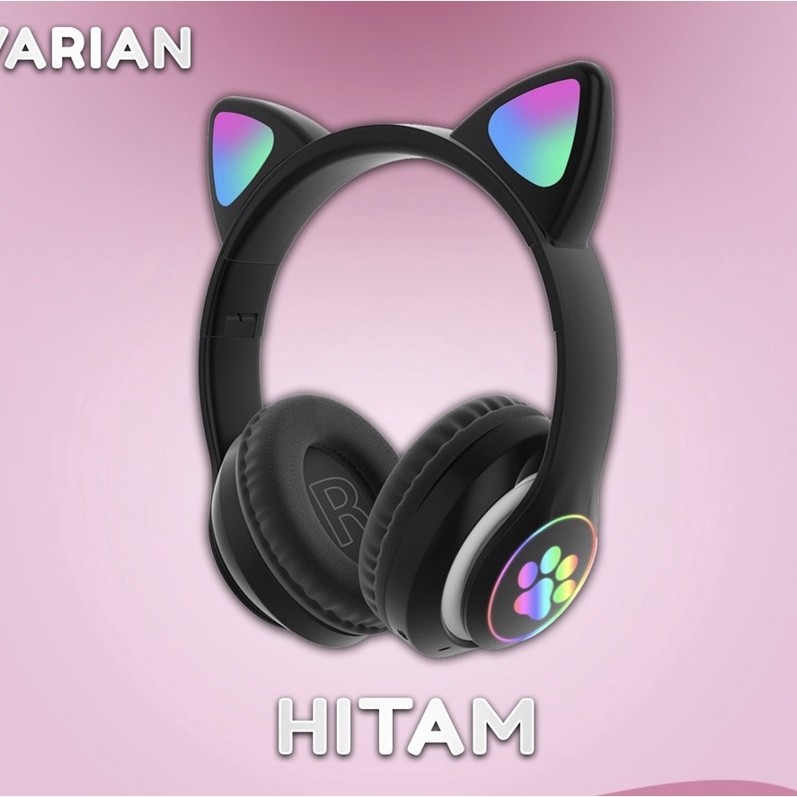 Headphone kuping kucing bando wireless bluetooth cat ear LED light rechargeable warna macaron anak