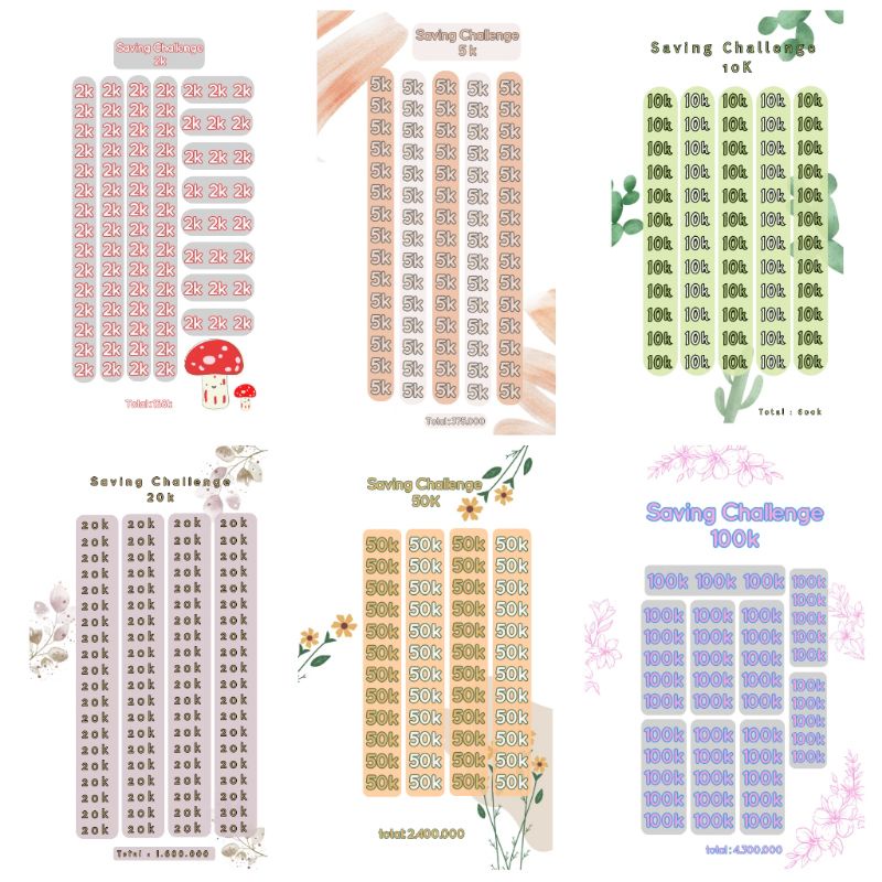 

A6/A5 Saving Challenge Ardjati Loose leaf HVS 75gsm 6 lembar (tema tumbuhan) 6 Hole lembar tantangan menabung [Baca deskripsi]