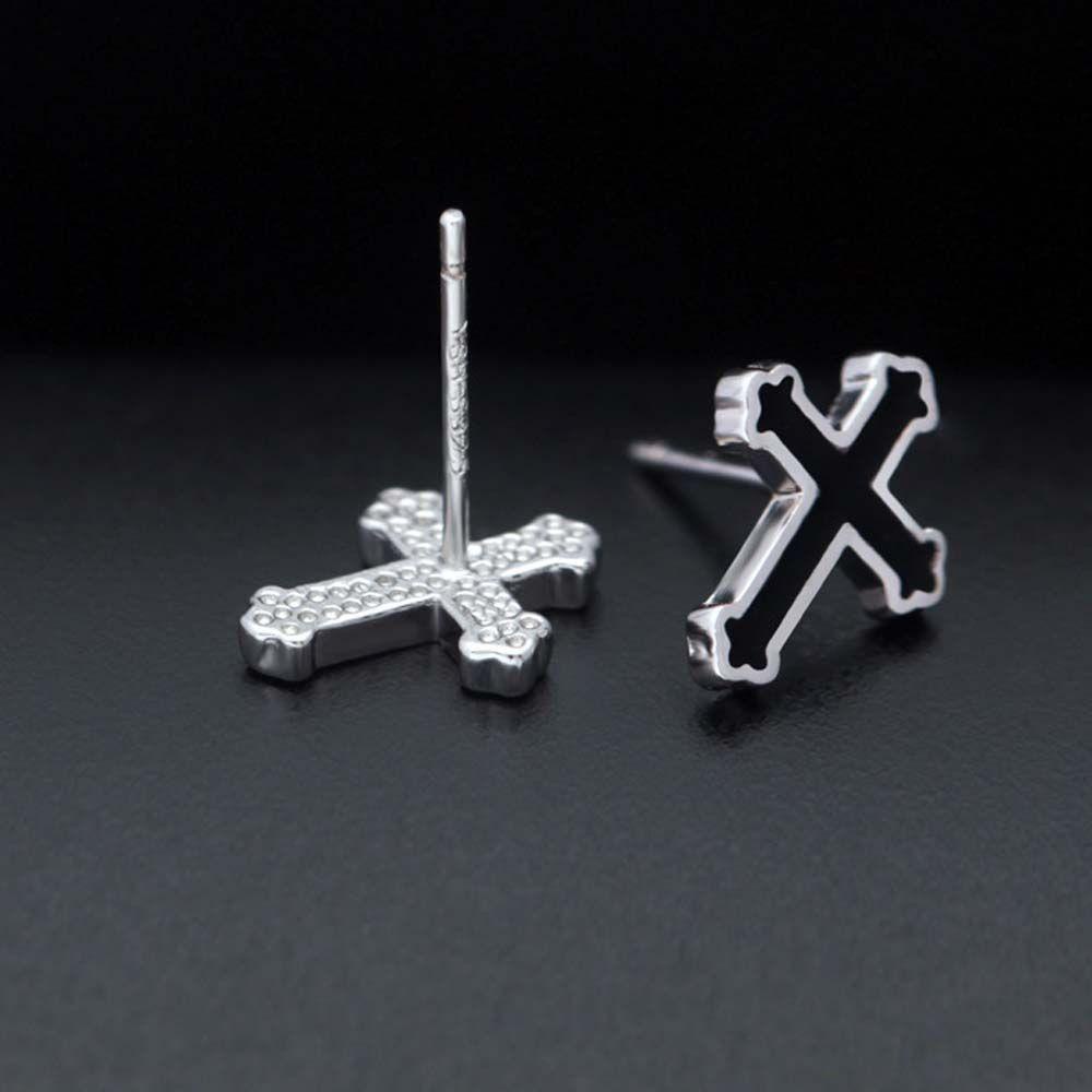 NEEDWAY Cross Ear Studs Keren Vintage Salib Berbentuk Punk Warna Perak Hitam Pria Punk Anting