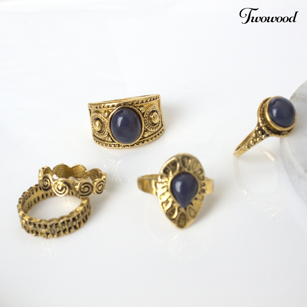 5pcs / Set Cincin Jari Bahan Alloy Aksen Batu Biru Gaya Bohemian Vintage Untuk Wanita