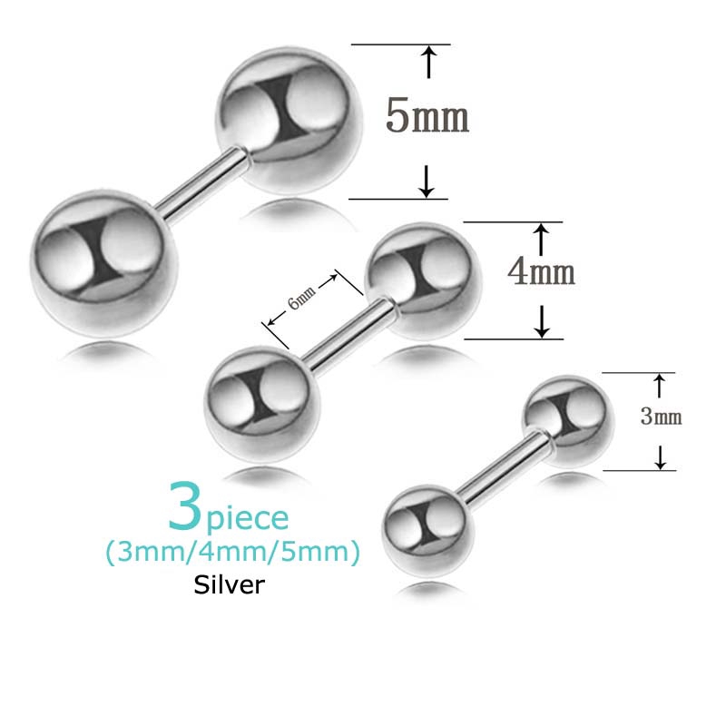 3piece 3/4/5mm Stainless Steel Dumbbell Double Ball Earrings Stud Helix Pinna Tragus Piercing 16G