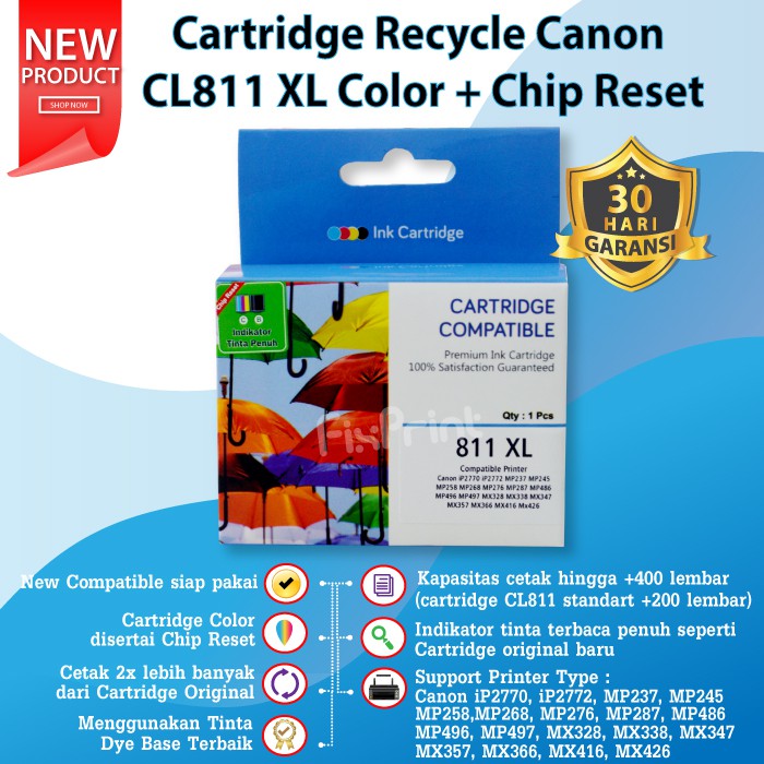 Cartridge Tinta Recycle CL811 XL CL811XL 811XL Refill Compatible Printer Canon iP2770 MP237 MP287