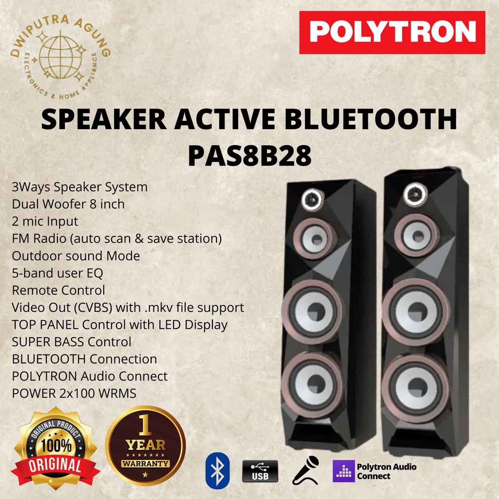 SPEAKER POLYTRON SPEAKER AKTIF PAS 8B28 USB BLUETOOTH KARAOKE MULTIMEDIA XBR