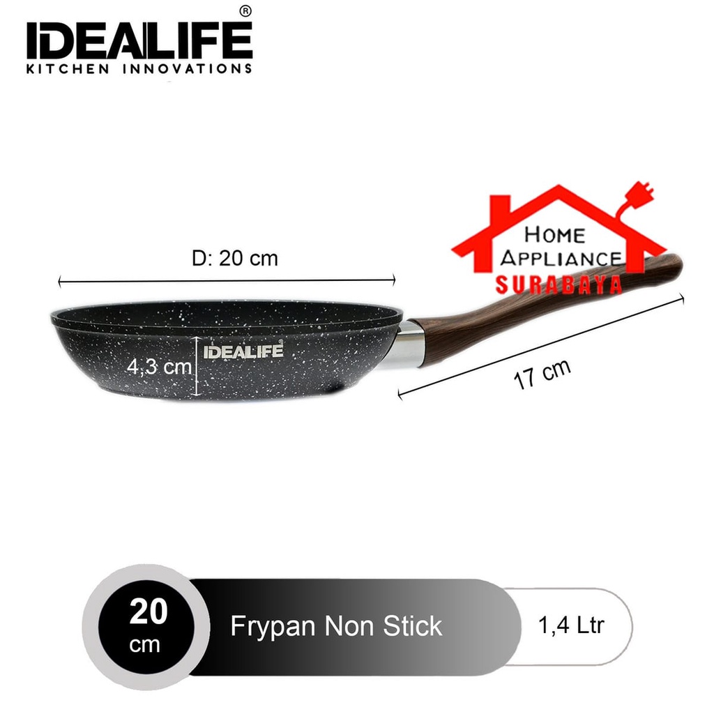 IDEALIFE Panci Cookware Frypan - Fry Pan Marble Anti Lengket + Spatula 20CM IL-20FP / 24CM IL-24FP