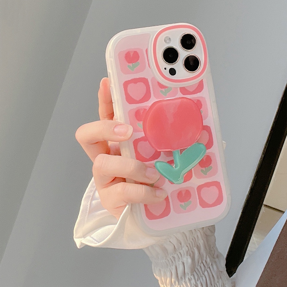 IPHONE Musim Panas Cinta Hati Pink Tulip Bunga Lucu Casing Ponsel Cover Untuk Iphone7 8 PLUS X XR XS 11 12 13 14 MINI PRO MAX SE 2020 Dengan Holder