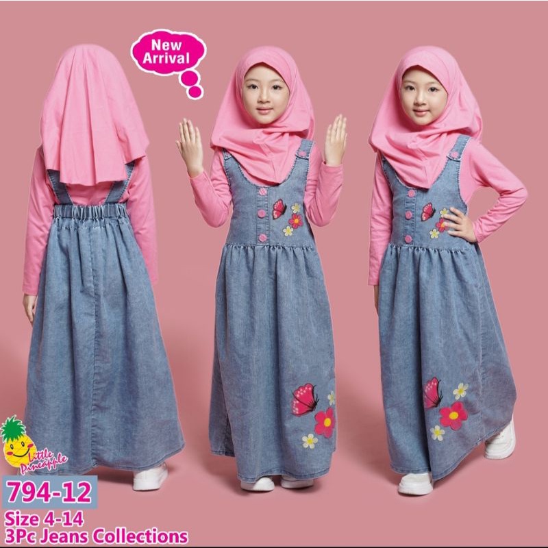 ( LP.794-12) LITTLE PINEAPPLE OVERALL JEANS + INNER + JILBAB Size : 4-9th