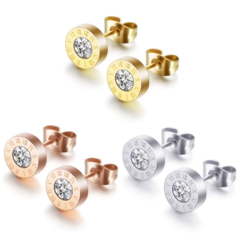 Anting Stud Desain Angka Romawi Bahan Stainless Steel Aksen Kristal Untuk Pria Dan Wanita