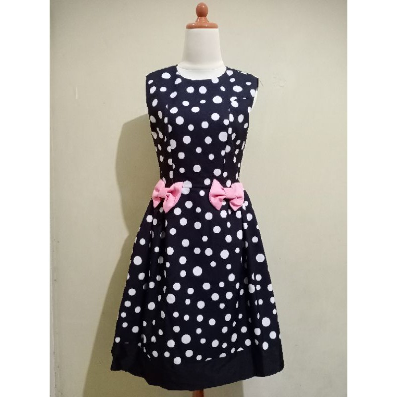 Preloved Dress Polkadot Hitam putih pita pink