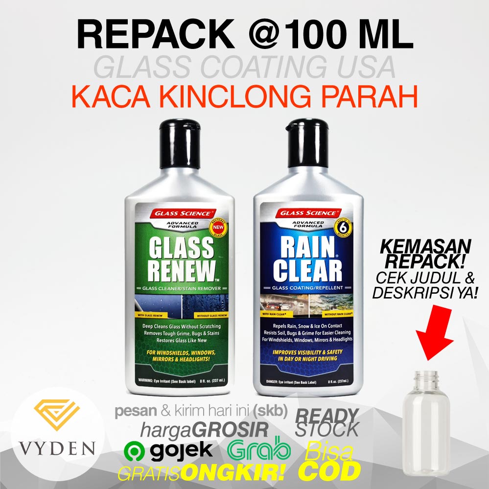 PAKET REPACK Glass Renew Rain Clear Glass Coating Glass Science Kaca Hydrophobic Efek Daun Talas Anti Jamur Kerak Air MURAH