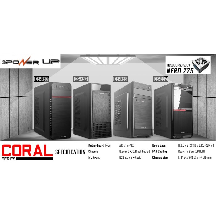 Casing POWER UP CORAL K5 SERIES 892 include PSU 500W