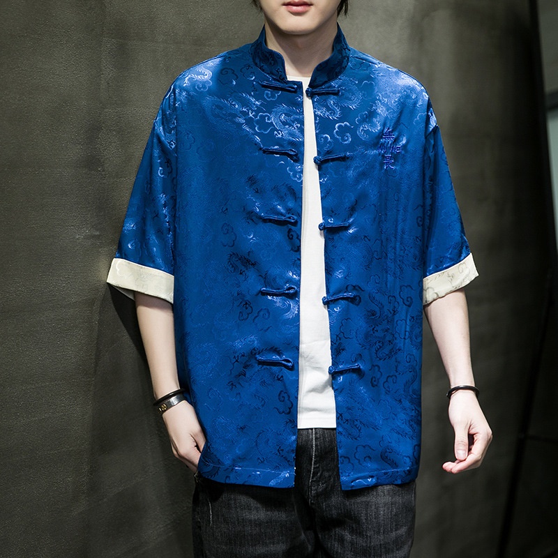 Cheongsam Kemeja Pria Sutra Es Bigsize Tipis Gaya Tiongkok Hanfu Tang Lengan Pendek