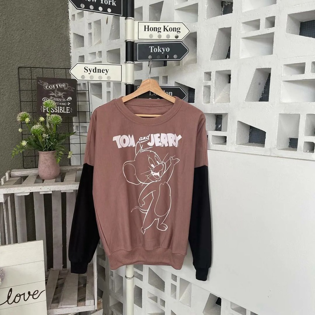 Tom &amp; Jerry Sweatshirt Atasan Unisex Mix Warna Hitam Mocha Terbaru