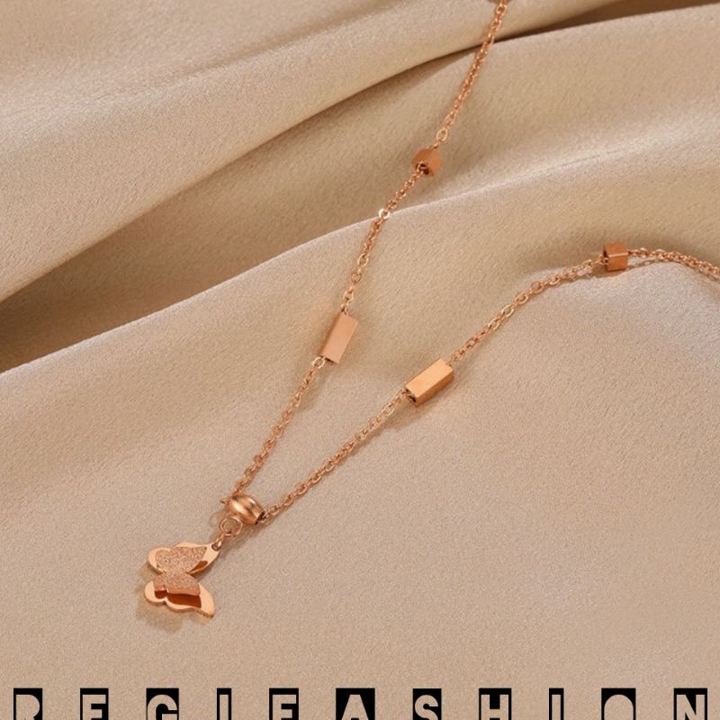 { Bayar Ditempat } Kalung Titanium Wanita Rose gold Rantai Dadu Liontin Kupu- Kupu / Kalung Rantai Wanita Titanium Asli Import / Kalung Wanita Korea Model Terbaru