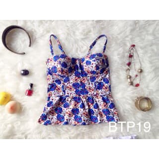 Cuci Gudang Peplum Top Bustier/ Korset/ Bralet/ Cup Bra Motif Bunga Biru