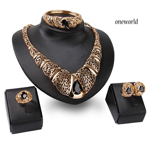 OW@ Luxury African Style Teardrop Rhinestone Hollow KC Gold Plated Lady Jewelry Set