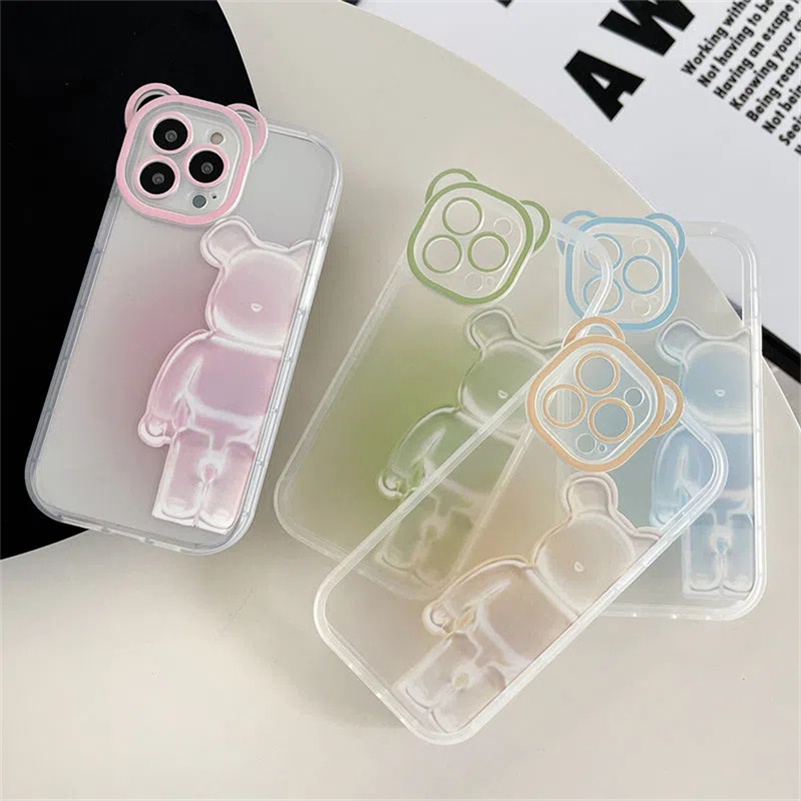 Soft Case Pelindung Lensa Transparan Motif Beruang Warna-Warni Untuk iPhone 14 13 12 11 Pro Max X Xr Xs Max SE 8 7 6 6s Plus