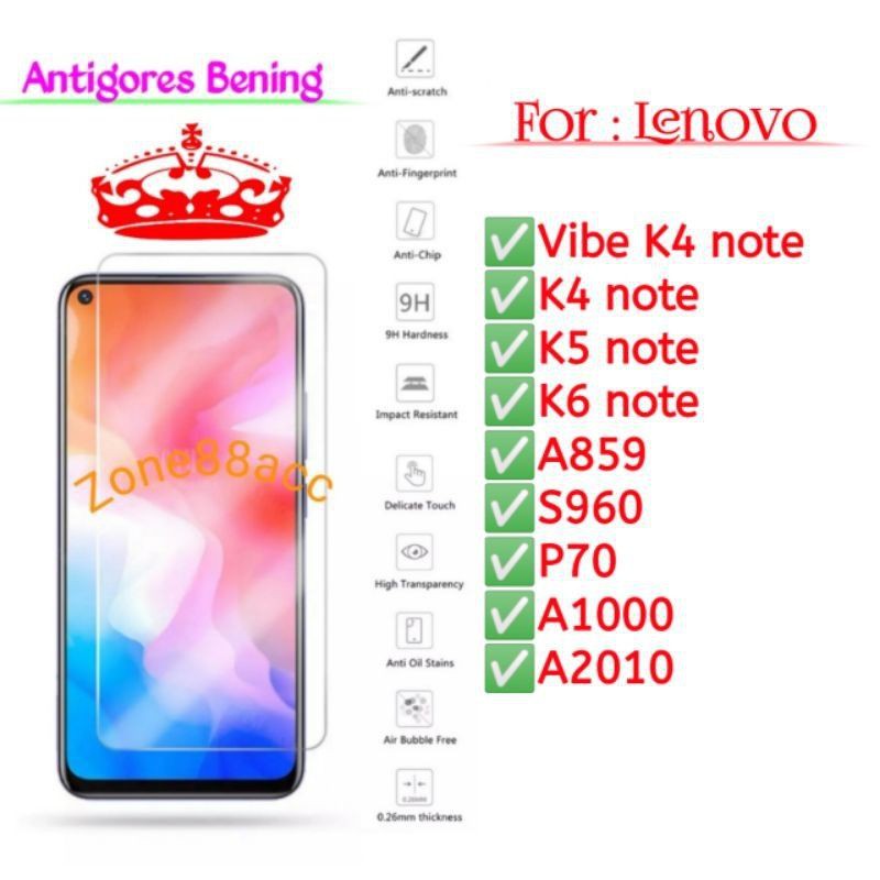 Antigores Lenovo Vibe K4 K5 K6 Note A859 S960 P70 A1000 A2010 Tempered Glass bening Screen Guard TG