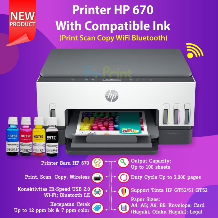 Printer HP Smart Tank 670 All in One Print Scan Copy WiFi Bluetooth