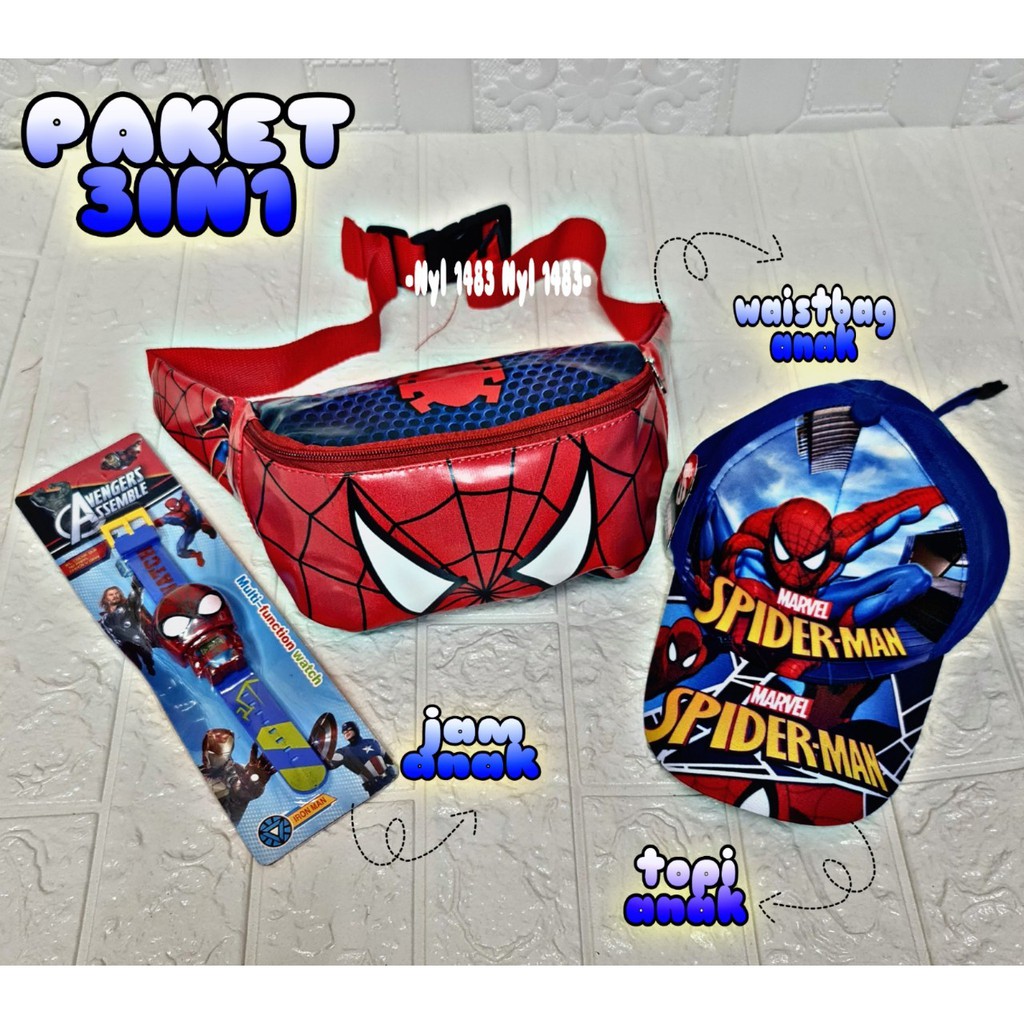 WAISTBAG ANAK LAKI LAKI, PEKET 3  IN 1 WESTBAG ANAK + TOPI ANAK LAKI LAKI + JAM MOTIF SPIDERMAN