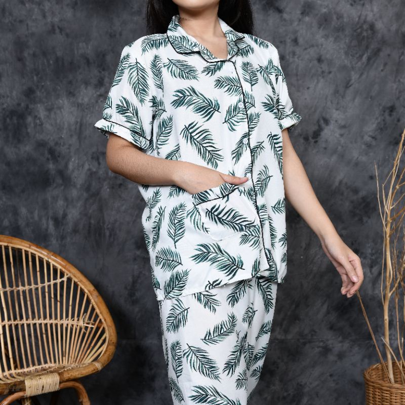 Baju Tidur Piyama Wanita Dewasa Motif Coco Daun CP Lengan Pendek Celana Panjang Kekinian