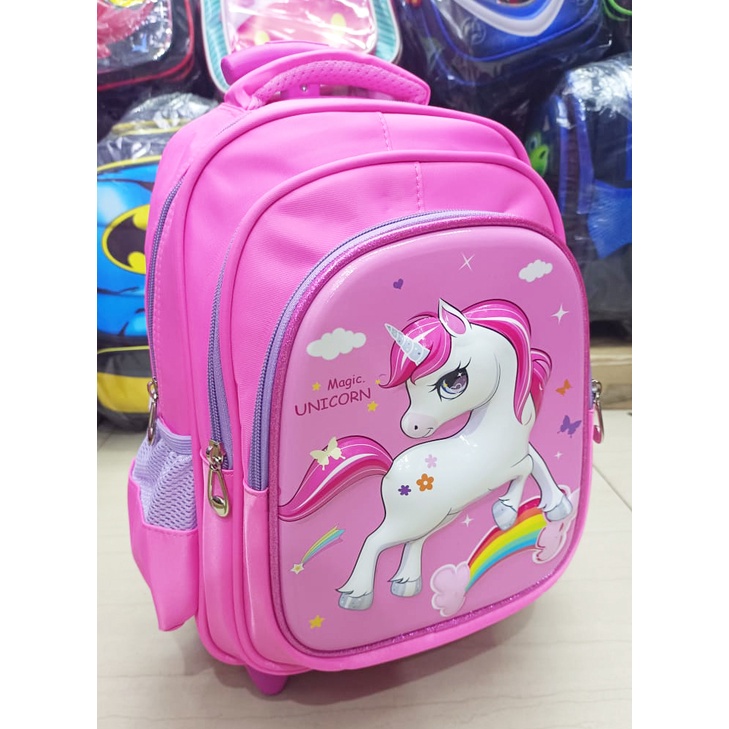 Tas DORONG Trolley Anak Sekolah TK / Play Group / PAUD GAMBAR KUDA PONY dan PUTRI SALJU Luwi Garis V 12inch TIMBUL GLOSSY/ EMBOS 3 RESLETING IMPORT ( Kumbang 12&quot; )