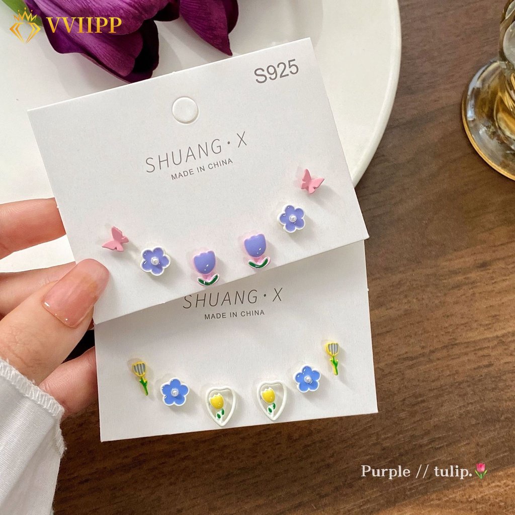 Set Anting Hoop Desain Bunga Tulip Kupu-Kupu Bahan S925 Silver Untuk Wanita