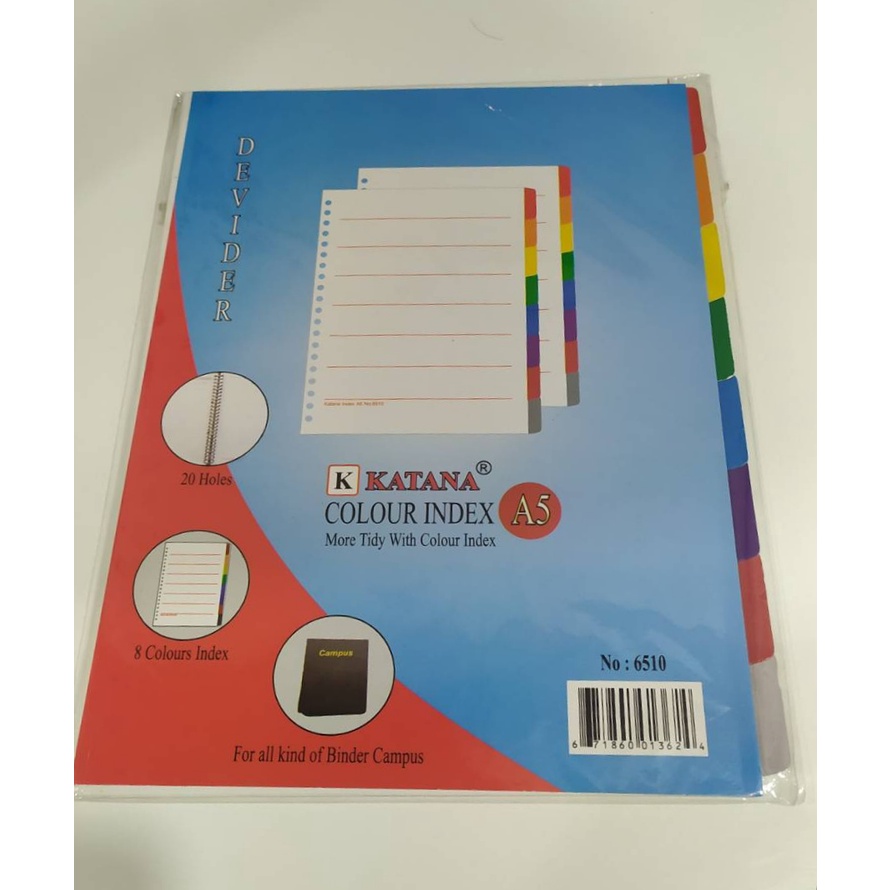 

Pembatas Kertas Binder / Divider Loose Leaf KATANA A5 20 ring 8 Warna - Colour Index