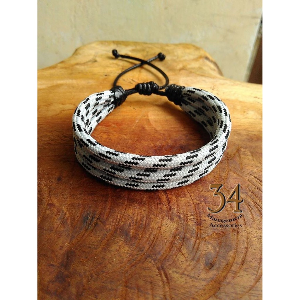 Gelang Tali Prusik / Paracord Lengkap Murah Putih Motif Hitam