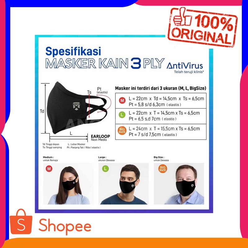 masker kain 3 ply anti virus original rider