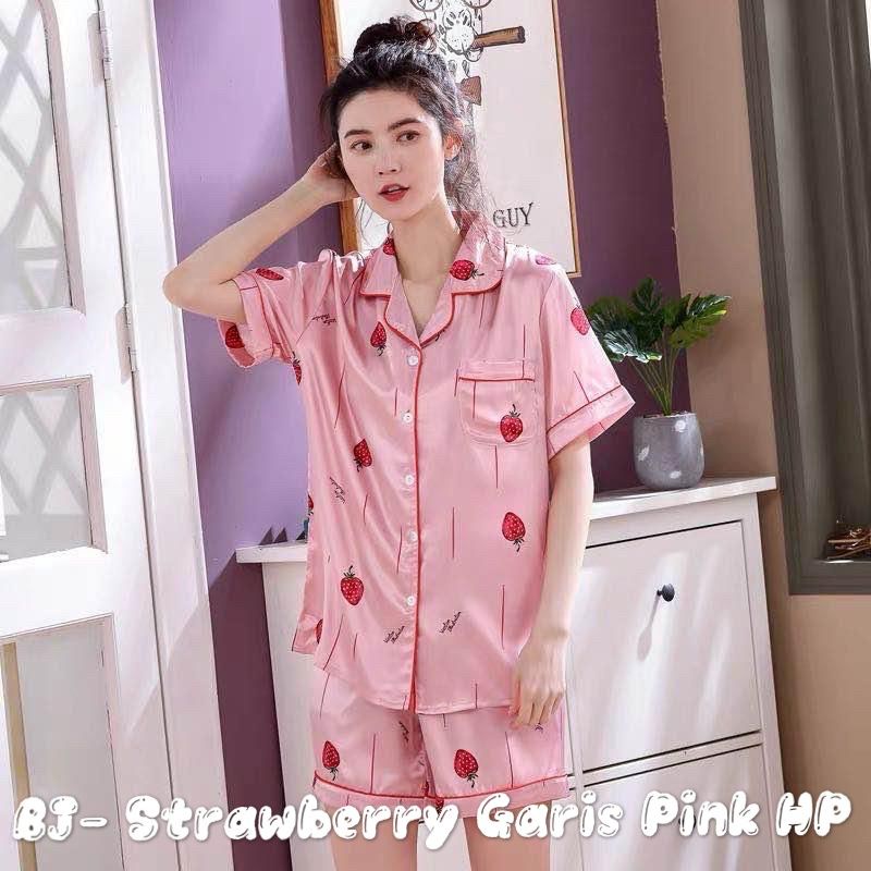 MDLV ~ BAJU TIDUR SATIN STRAWBERRY GARIS PINK HOTPANTS BAJU TIDUR IMPORT CEWEK BEST SELLER