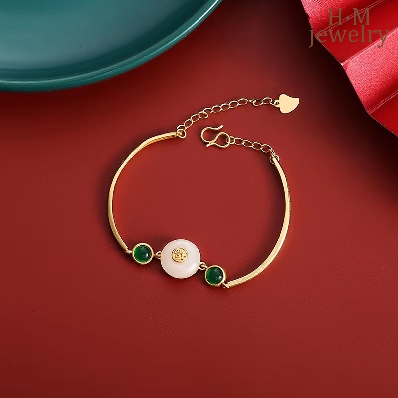 Gelang Tangan Sterling Silver 925 Aksen Batu Jade Putih Retro Untuk Wanita