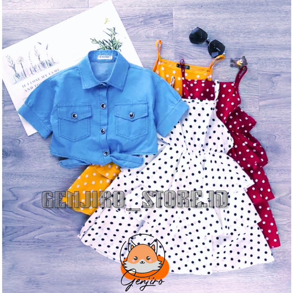 GENJIRO STORE.ID/PAKAIAN ANAK PEREMPUAN/DRESS ANAK PEREMPUAN/DRESS DAN ROMPI DENIM/DRESS POLKADOT SINGLET + ROMPI DENIM/UNTUK USIA 6 BULAN-5 TAHUN/BISA COD