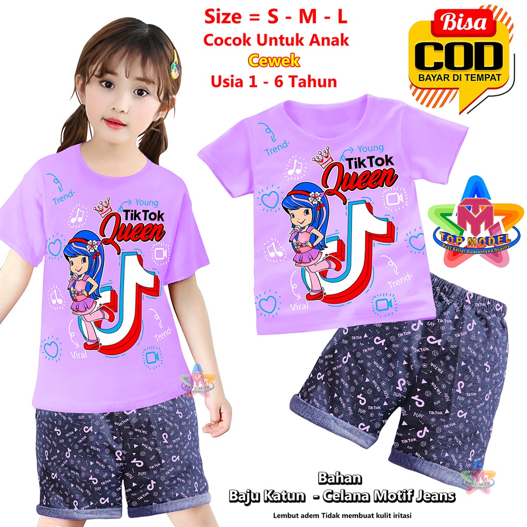 BISA COD &amp; Gratis Ongkir Setelan Baju Anak Celana Jeans TIKTOK Queen Baby Cewek 1-6 Tahun Wanita TOP MODEL 00060 Baju Anak Pendek terbaru &amp; termurah Bahan Katun Baju Setelan Anak Pendek Paling Tren &amp; Laris Terbaru Kekinian Baju Anak Main Kado Ulang Tahun