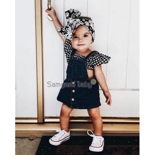 Baju Setelan Anak Perempuan Blouse Kerut Kotak Hitam Dress Overall