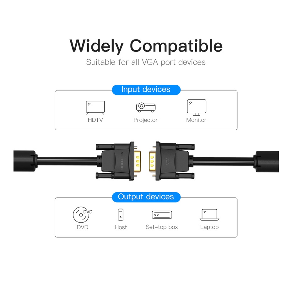 Vention Kabel VGA 1M Male To Male With Ferrite Core DAD Round 3+9