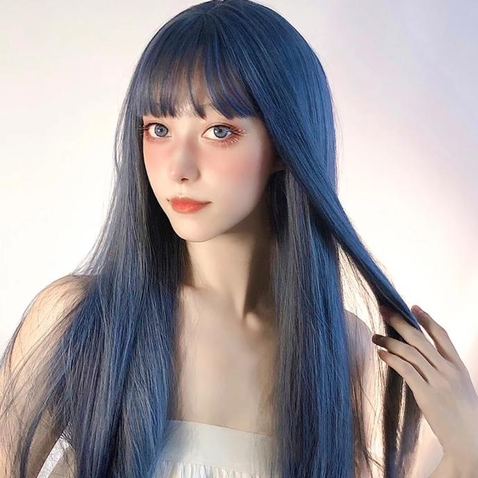 Wig Cosplay Wanita Abu Biru Rambut Lurus Panjang Wig Poni Depan