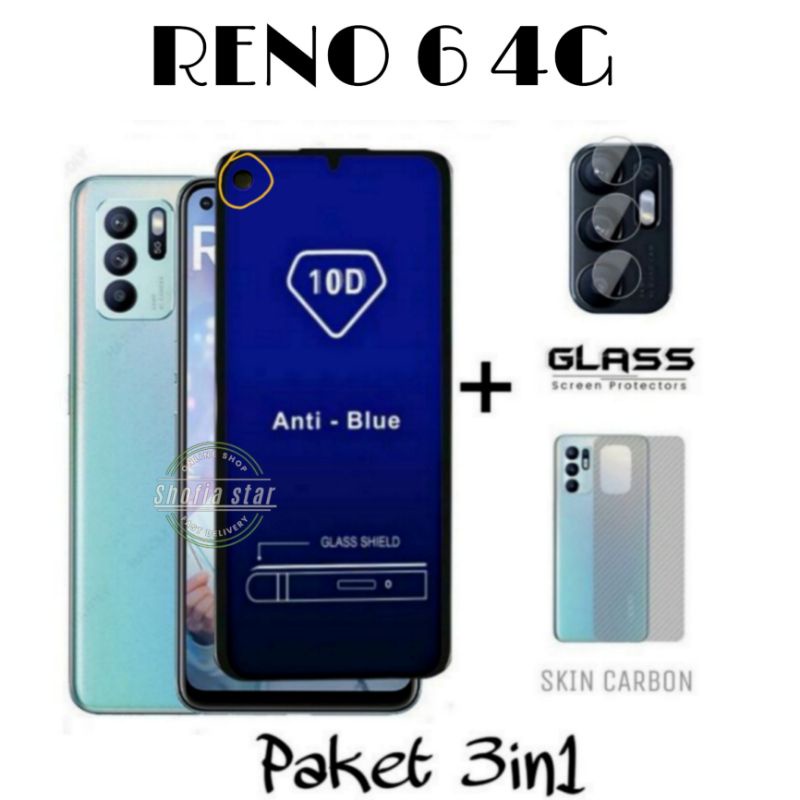 Paket 3IN1 Tempered Glass  Blue Light  OPPO RENO 6 4G/5G Reno7 4G Reno 8 4G RENO 8Z 7z Reno 7 5G Reno 5 5G Reno 5f Real Pict Anti Radiasi Full Screen Dan Anti Gores Kamera Skin Carbon