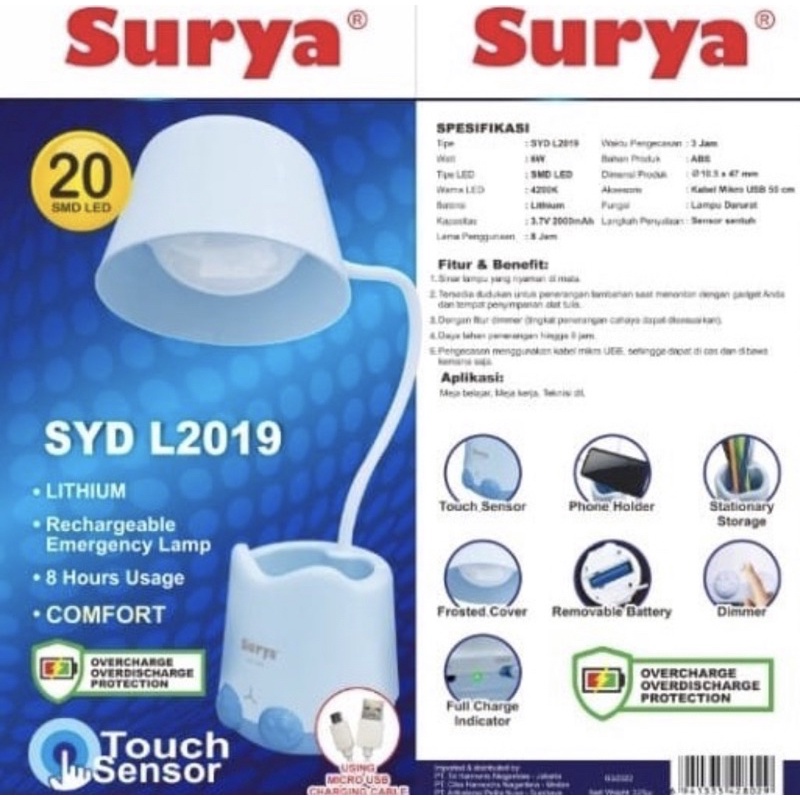 SURYA LAMPU BELAJAR SYD L 2019 / LAMPU MEJA BELAJAR / LAMPU EMERGENCY 20 LED - ORIGINAL