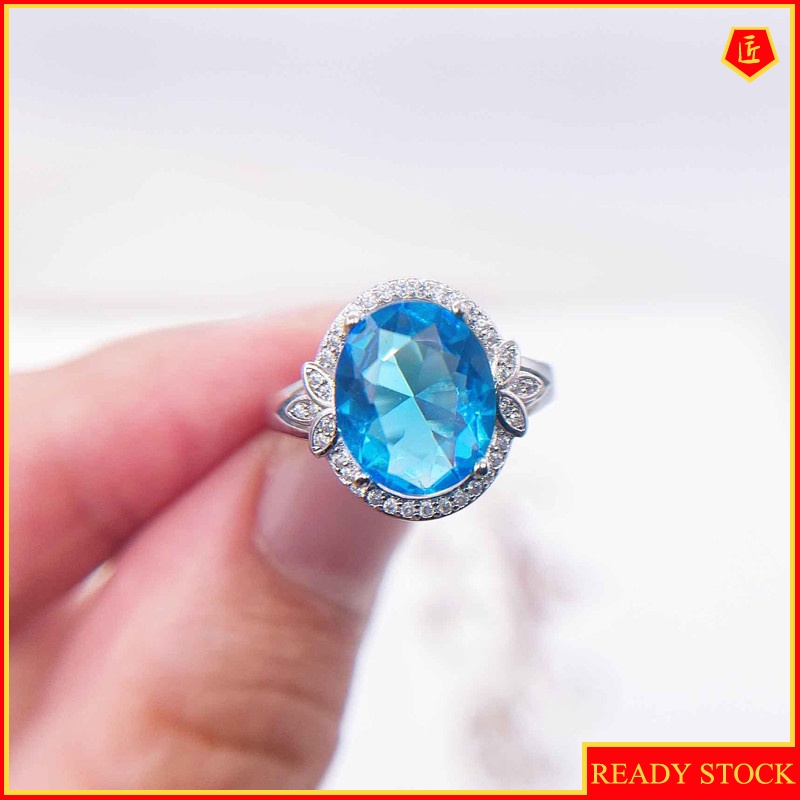 [Ready Stock]Simple Personality Pt950 Inlaid Topaz Blue Colored Gems Ring