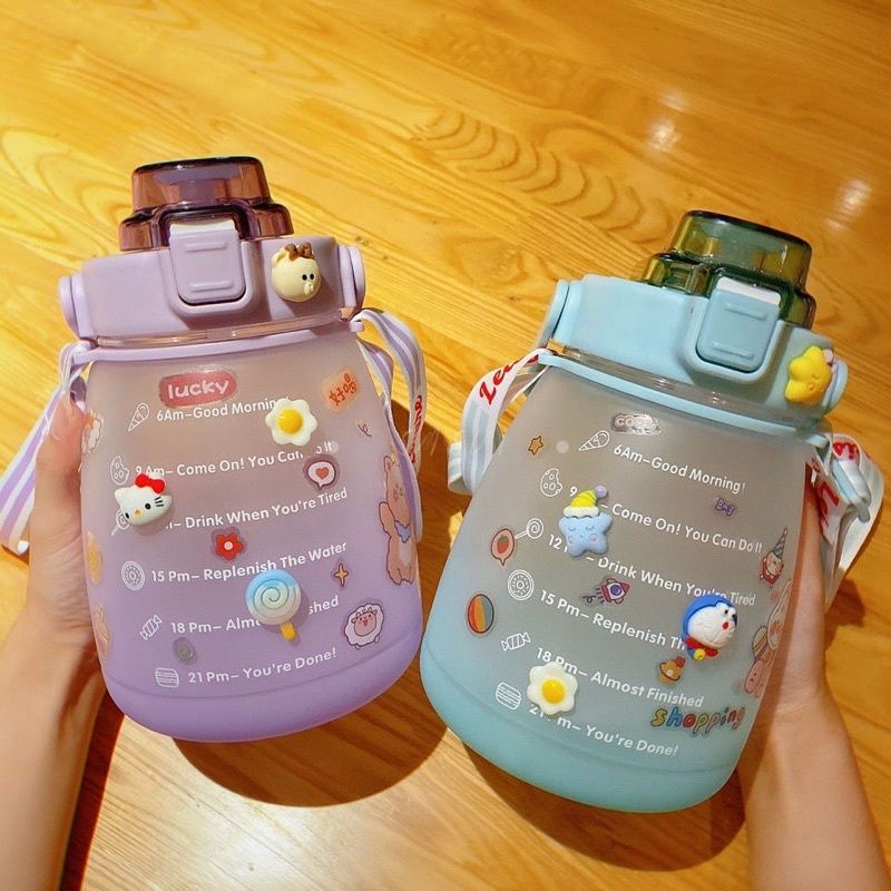 【Stiker gratis】Botol Minum Big Belly Gemoy 1400ML 1.4Liter Botol Motivasi Penanda Waktu Botol Minum Viral