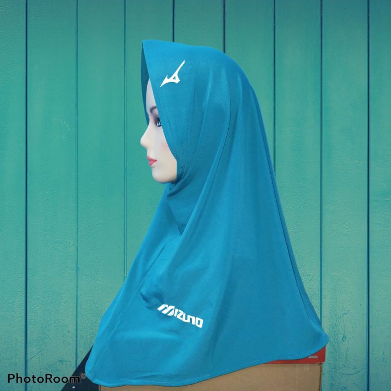 Hijab Sport Hijab Instan Sport Kerudung Olahraga Volly, Bersepedah, Joging Berlogo MIZUNO-Hijou toska