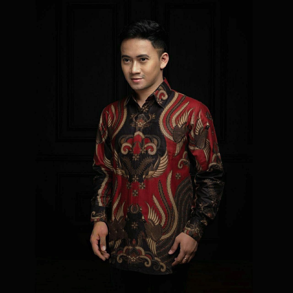 Kemeja Batik Anak Laki-laki Lengan Panjang Couple Ayah Dan Anak Motif Ironman Merah Marun