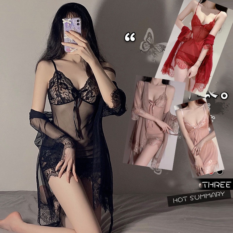 Lingerie Ukuran Besar Sexy Hot kimono V Neck Dress piyama babydoll Renda transparan 3A270