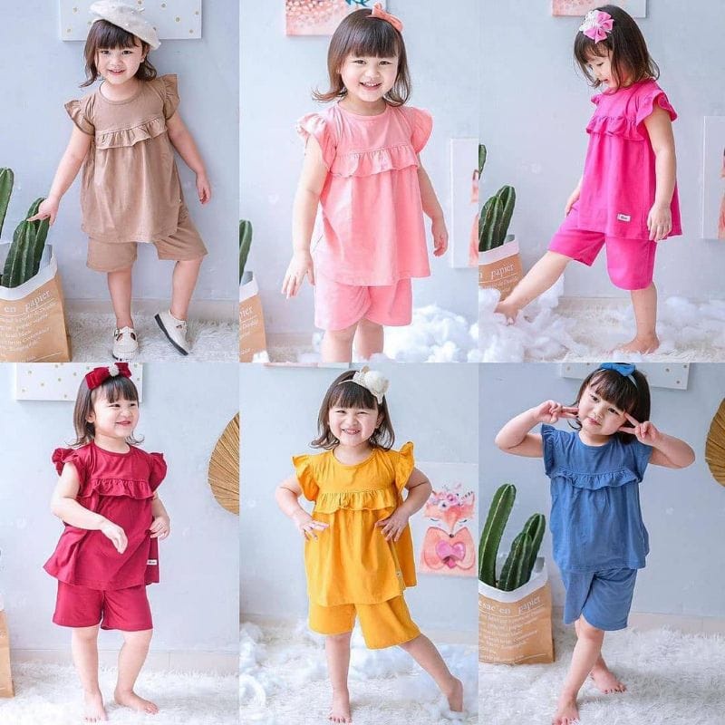 BEFAST - ZTL OOTD Setelan ALANA / set anak pom pom / Pakaian Anak-Anak Perempuan / Set Atasan Kaos Lengan Pendek+Celana Pendek / Fashion Anak Santai Casual / Setelan Anak Perempuan Terbaru 2022 / Terlaris / Setelan Polos